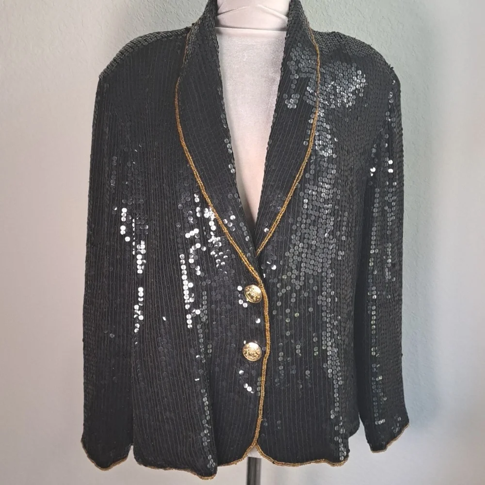 Ivana Trump Vintage Black Sequin Jacket Blazer Size XL Gold Trim Evening Bling - Picture 2 of 14